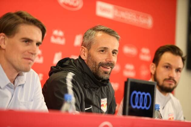 Bilder des Tages - SPORT SOCCER - EL, RBS, press conference PK Pressekonferenz SALZBURG,AUSTRIA,16.MAR.18 - SOCCER - UEFA Europa League, Red Bull Salzburg, press conference. Image shows sports coordinator Christoph Freund, head coach Marco Rose and Andreas Ulmer (RBS). GEPAxpictures xMathiasxMandl