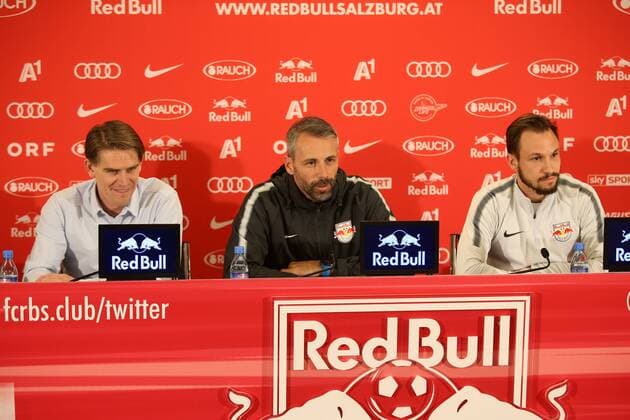 SOCCER - EL, RBS, press conference PK Pressekonferenz SALZBURG,AUSTRIA,16.MAR.18 - SOCCER - UEFA Europa League, Red Bull Salzburg, press conference. Image shows sports coordinator Christoph Freund, head coach Marco Rose and Andreas Ulmer (RBS). GEPAxpictures xMathiasxMandl