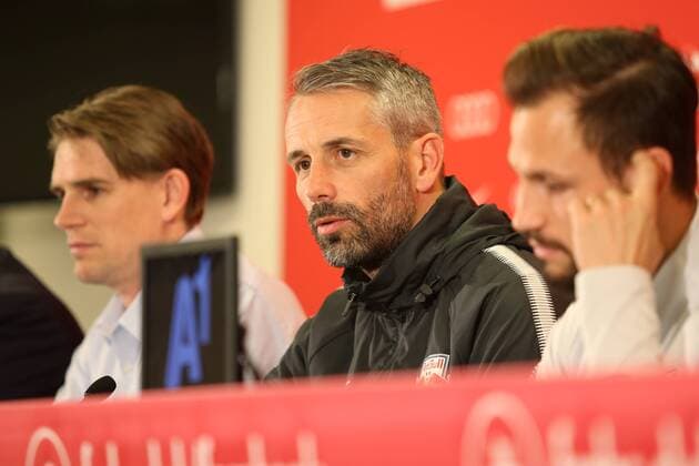 SOCCER - EL, RBS, press conference PK Pressekonferenz SALZBURG,AUSTRIA,16.MAR.18 - SOCCER - UEFA Europa League, Red Bull Salzburg, press conference. Image shows sports coordinator Christoph Freund, head coach Marco Rose and Andreas Ulmer (RBS). GEPAxpictures xMathiasxMandl