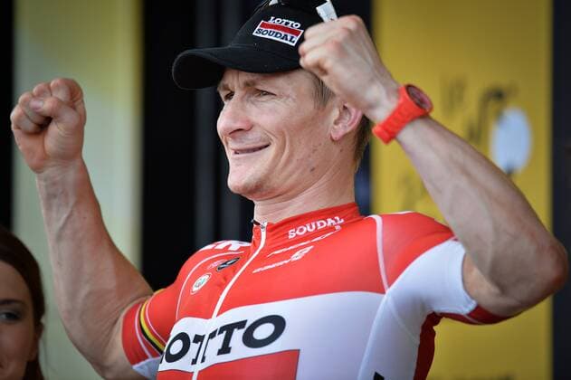 - VALENCE, FRANCE: German Andre Greipel of Lotto - Soudal celebrates on the podium after winning stage 14 of the 2015 edition of the Tour de France cycling race, 183 km from Mende to Valence, France, Sunday 19 July 2015. This year s Tour de France is taking place from 4 to 26 July. DAVIDxSTOCKMAN  x83006368x