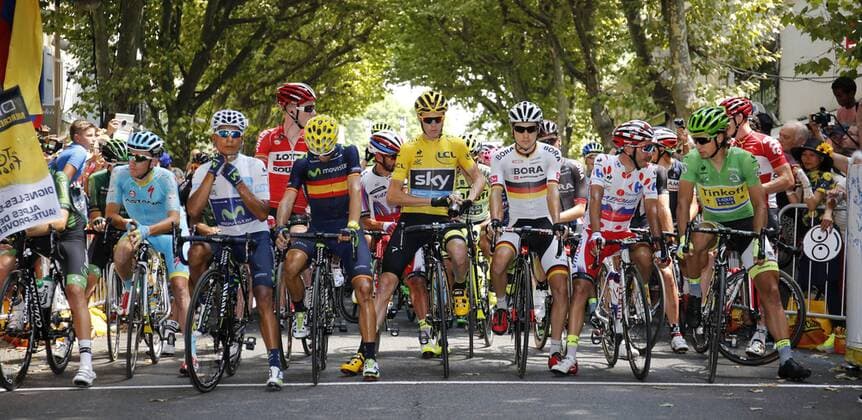- PRA LOUP, FRANCE: Colombian Nairo Quintana of Movistar Team, Spanish Alejandro Valverde of Movistar Team, British Chris Froome of Team Sky, German Emanuel Buchmann of Bora-Argon 18 , Spanish Joaquim Rodriguez of Team Katusha and Slovakian Peter Sagan of Tinkoff-Saxo pictured before the start of stage 17 of the 2015 edition of the Tour de France cycling race, 161 km from Digne-les-Bains to Pra Loup, France, Wednesday 22 July 2015. This year s Tour de France is taking place from 4 to 26 July. YUZURUxSUNADA  x83082564x