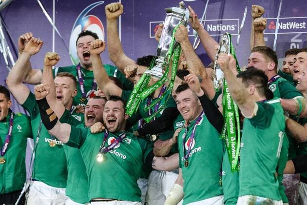 Ireland lift the 6 Nations Trophy and the Triple Crown after the Six Nations Championship match at Twickenham Stadium, London. Picture date: February 24th 2018. Picture credit should read: Charlie Forgham-Bailey Sportimage EDITORIAL USE ONLY. No use with unauthorised audio, video, data, fixture lists, club league logos or live services. Online in-match use limited to 120 images, no video emulation. No use in betting, games or single club league player publications.