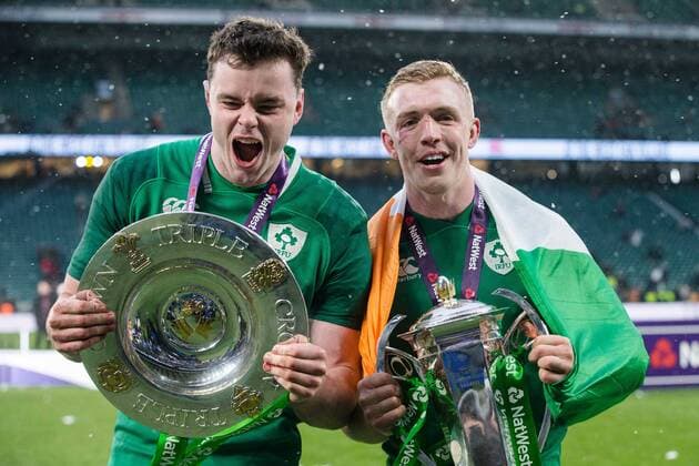 Ireland s Garry Ringrose and Ireland s Dan Leavy after the Six Nations Championship match at Twickenham Stadium, London. Picture date: February 24th 2018. Picture credit should read: Charlie Forgham-Bailey Sportimage EDITORIAL USE ONLY. No use with unauthorised audio, video, data, fixture lists, club league logos or live services. Online in-match use limited to 120 images, no video emulation. No use in betting, games or single club league player publications.