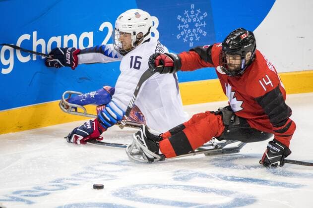 March 26, 2018 - Pyeongchang, South Korea - Declan FARMER (USA) and Steve ARSENAULT (CAN) during The Ice hockey Eishockey gold medal game between Canada and United States during day nine of the PyeongChang 2018 Paralympic Games on March 18, 2018 in Gangneung, South Korea. USA v Canada - Paralympic Games - Ice Hockey gold medal match  - ZUMAn230 20180326_zaa_n230_005 Copyright: xMauroxUjettox
