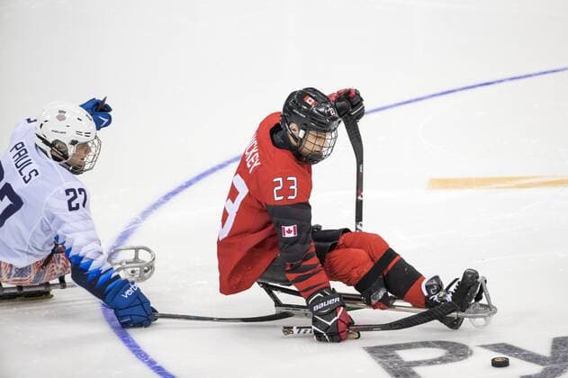 March 26, 2018 - Pyeongchang, South Korea - Liam HICKEY (CAN) and Josh PAULS (USA) during The Ice hockey Eishockey gold medal game between Canada and United States during day nine of the PyeongChang 2018 Paralympic Games on March 18, 2018 in Gangneung, South Korea. USA v Canada - Paralympic Games - Ice Hockey gold medal match  - ZUMAn230 20180326_zaa_n230_013 Copyright: xMauroxUjettox