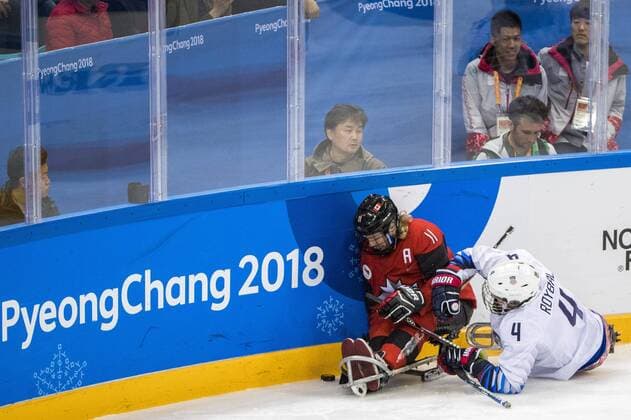 March 26, 2018 - Pyeongchang, South Korea - Adam DIXON (CAN) and Brody ROYBAL (USA) during The Ice hockey Eishockey gold medal game between Canada and United States during day nine of the PyeongChang 2018 Paralympic Games on March 18, 2018 in Gangneung, South Korea. USA v Canada - Paralympic Games - Ice Hockey gold medal match  - ZUMAn230 20180326_zaa_n230_023 Copyright: xMauroxUjettox