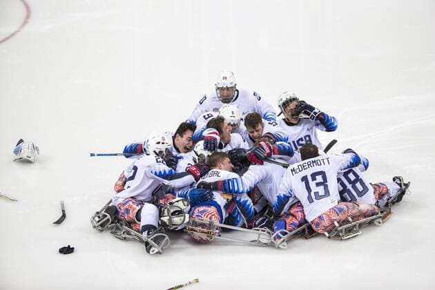 March 26, 2018 - Pyeongchang, South Korea - The team United States celebrate winning the gold medal over Canada in the Ice hockey Eishockey gold medal game between Canada and United States during day nine of the PyeongChang 2018 Paralympic Games on March 18, 2018 in Gangneung, South Korea. USA v Canada - Paralympic Games - Ice Hockey gold medal match  - ZUMAn230 20180326_zaa_n230_066 Copyright: xMauroxUjettox