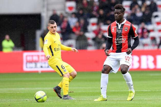 Fußball, OGC Nizza - Paris St. Germain 09 MARIO BALOTELLI (NICE) - 06 MARCO VERRATTI (PSG) FOOTBALL : Nice vs Paris SG - Ligue 1 Conforama - 18 03 2018 FEP Panoramic 