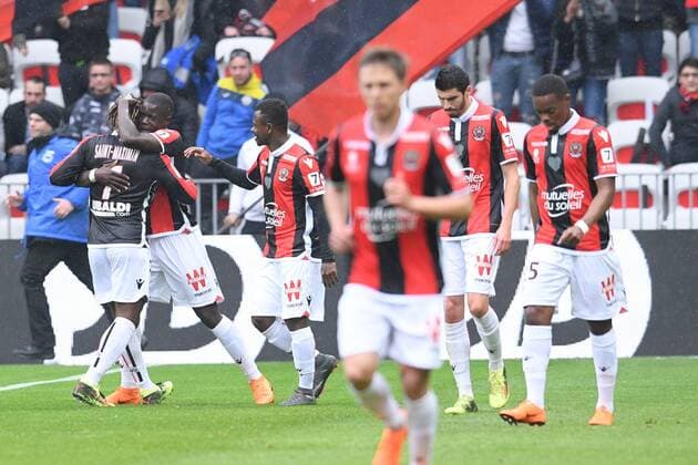 Fußball, OGC Nizza - Paris St. Germain 23 MALANG SARR (NICE) - 06 JEAN MICHAEL SERI (NICE) - JOIE FOOTBALL : Nice vs Paris SG - Ligue 1 Conforama - 18 03 2018 FEP Panoramic 