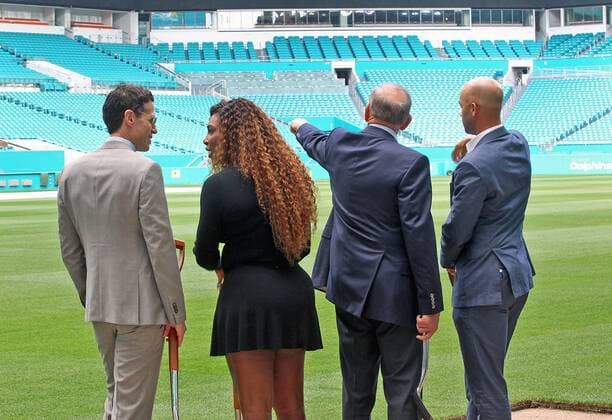 March 19, 2018 - FL, USA - Mark Shapiro, Serena Williams, Stephen Ross and James Blake overlook the stadium grounds after it was was announced that the Miami Open will be relocating to the Hard Rock Stadium in 2019 on March 19, 2018 in Miami Gardens, Fla. A new beginning for the Miami Open. - ZUMAm67_ 20180319_zaf_m67_015 Copyright: xC.M.xGuerrerox