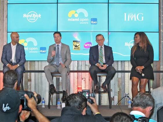 March 19, 2018 - FL, USA - From left, James Blake, Mark Shapiro, Stephen Ross and Serena Williams are present for the announcement that the Miami Open will be relocating to the Hard Rock Stadium in 2019 on Monday, March 19, 2018 at Hard Rock Stadium in Miami Gardens, Fla. A new beginning for the Miami Open. - ZUMAm67_ 20180319_zaf_m67_016 Copyright: xC.M.xGuerrerox