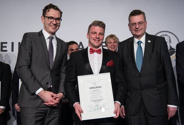 19 03 2018 xfux Football Ceremony on the occasion of the end of the 64 football teacher training course emspor emonline v l Secretary General Dr Friedrich Curtius DFB German Football League Lukas Kwasniok Coach Karlsruher SC KSC U19 with his certificate President Reinhard Grindel DFB German Football Association New Isenburg