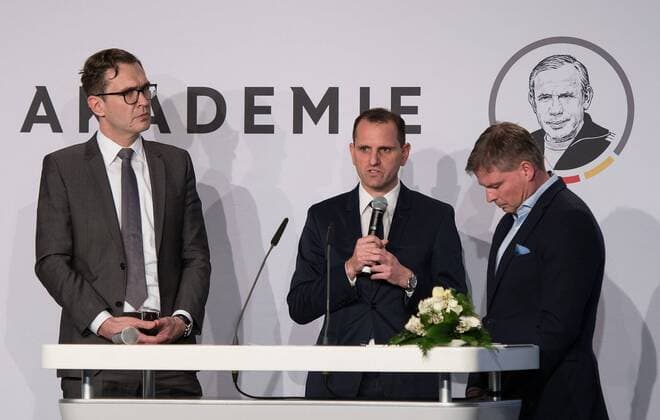 19 03 2018 xfux Football Ceremony on the occasion of the end of the 64 football teacher training course emspor emonline v l Secretary General Dr Friedrich Curtius DFB German Football Federation Sporting Director Joti Chatzialexiou German National Football Team DFB Jens Grittner Press Officer German National Football Team DFB Neu Isenburg