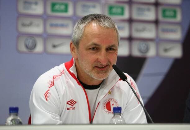 VfL vs Slavia Prague CL Womens preliminary reports PK Wolfsburg Germany 21 03 2018 FOOTBALL VfL Wolfsburg vs. Slavia Prague Press Conference Quarter-final UEFA Womens Champions League Season 2017 18 Image shows head coach Pavel Medynsky Slavia Prague during the press conference Wolfsburg