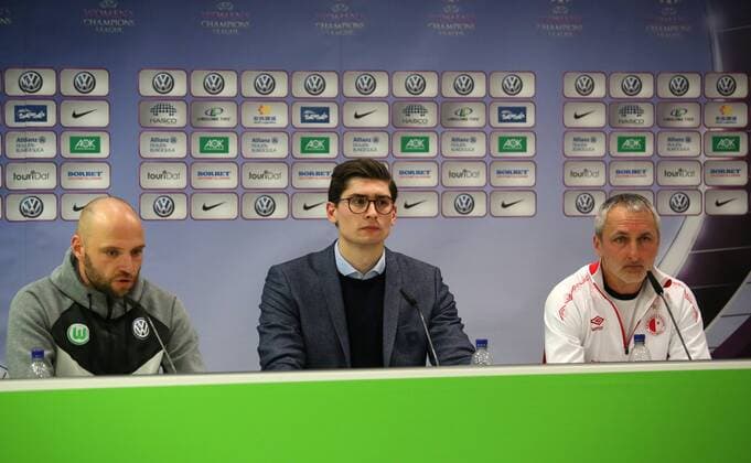 VfL vs Slavia Prag CL Womens preliminary reports PK Wolfsburg Germany 21 03 2018 FOOTBALL VfL Wolfsburg vs Slavia Prague Press Conference Quarter-final UEFA Womens Champions League Season 2017 18 Image shows head coach Stephan Lerch VfL Wolfsburg Joel Kunz VfL Wolfsburg head coach Pavel Medynsky Slavia Prague during the press conference Wolfsburg