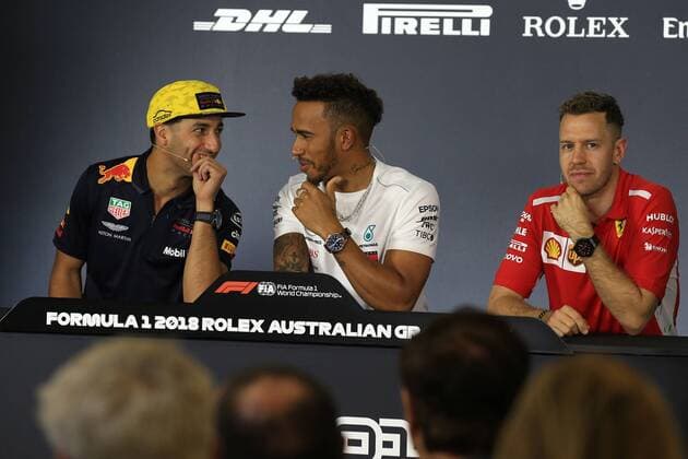 22nd March 2018, Melbourne Grand Prix Circuit, Melbourne, Australia; Melbourne Formula One Grand Prix, Arrivals and press conference PK Pressekonferenz Red Bull Racing TAG Heuer, Daniel Ricciardo, Mercedes AMG Petronas Motorsport AMG F1 Team, Lewis Hamilton and Scuderia Ferrari, Sebastian Vettel  ActionPlus12003752