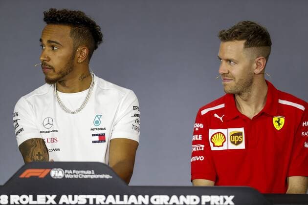 Motorsports: FIA Formula One World Championship WM Weltmeisterschaft 2018, Melbourne, Victoria : Motorsports: Formula 1 2018 Rolex Australian Grand Prix, , 5 Sebastian Vettel (GER, Scuderia Ferrari) 44 Lewis Hamilton (GBR, Mercedes AMG Petronas F1 Team), Melbourne Australia