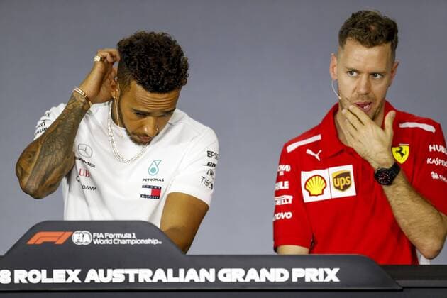 Motorsports: FIA Formula One World Championship WM Weltmeisterschaft 2018, Melbourne, Victoria : Motorsports: Formula 1 2018 Rolex Australian Grand Prix, , 5 Sebastian Vettel (GER, Scuderia Ferrari) 44 Lewis Hamilton (GBR, Mercedes AMG Petronas F1 Team), Melbourne Australia