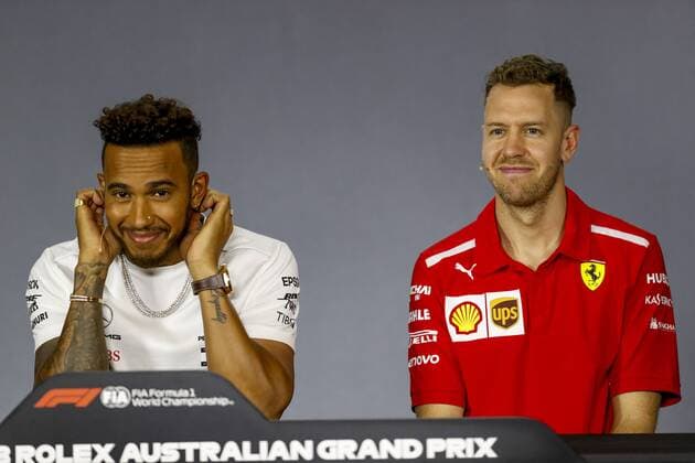 Motorsports: FIA Formula One World Championship WM Weltmeisterschaft 2018, Melbourne, Victoria : Motorsports: Formula 1 2018 Rolex Australian Grand Prix, , 5 Sebastian Vettel (GER, Scuderia Ferrari) 44 Lewis Hamilton (GBR, Mercedes AMG Petronas F1 Team), Melbourne Australia