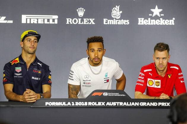Daniel Ricciardo Red Bull Racing Lewis Hamilton Mercedes AMG Petronas Formula One Team and Sebastian Vettel Scuderia Ferrari Grand Prix of Australia 2018 Race Motorsport Formula 1 22 03 2018 Melbourne Copyright: xEIBNER Illmannx EP_EER