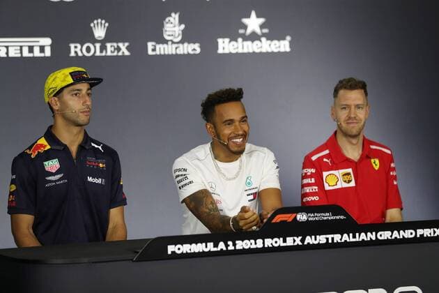 Daniel Ricciardo Red Bull Racing Lewis Hamilton Mercedes AMG Petronas Formula One Team and Sebastian Vettel Scuderia Ferrari Grand Prix of Australia 2018 Race Motorsport Formula 1 22 03 2018 Melbourne Copyright: xEIBNER Illmannx EP_EER