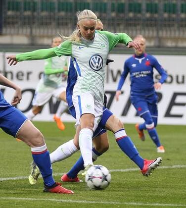 VfL Women vs Prague Womens Football Champions League Quarterfinals VfL Wolfsburg vs Slavia Prague AOK stadium picture shows Pernille Harder VfL 22 Wolfsburg