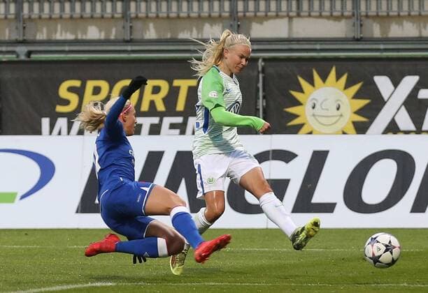 VfL Women vs Prague Womens Football Champions League Quarter-Finals VfL Wolfsburg vs Slavia Prague AOK Stadium Image shows Pernille Harder VfL 22 scored the goal for Wolfsburg in this scene