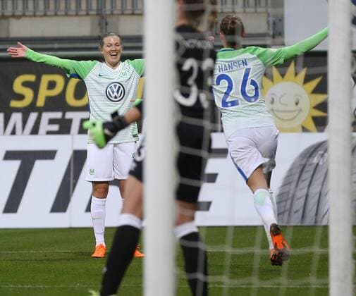 VfL Women vs Prague Womens Football Champions League Quarter-Finals VfL Wolfsburg vs Slavia Prague AOK Stadium Image shows rejoicing after the goal to 2 0 by Caroline Hansen VfL 26 Wolfsburg