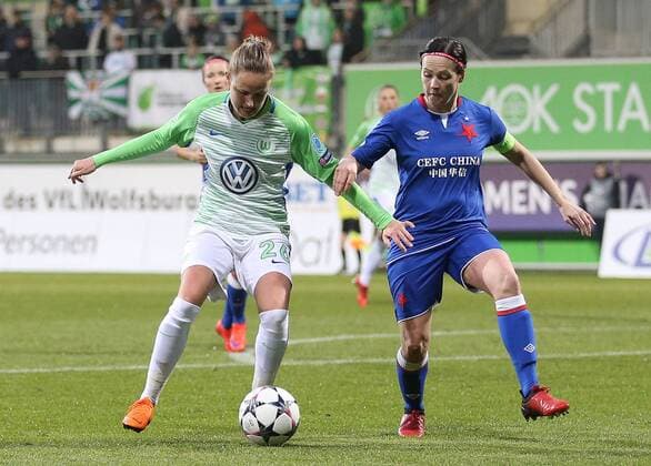 VfL Women vs Prague Womens Football Champions League quarter-finals VfL Wolfsburg vs Slavia Prague AOK stadium picture shows Caroline Hansen VfL 26 Wolfsburg