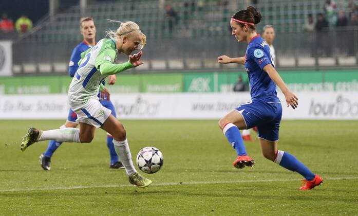 VfL Women vs Prague Womens Football Champions League Quarterfinals VfL Wolfsburg vs Slavia Prague AOK stadium picture shows Pernille Harder VfL 22 Wolfsburg