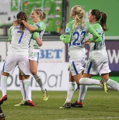 VfL Women vs Prague Womens Football Champions League Quarter-Finals VfL Wolfsburg vs Slavia Prague AOK Stadium Image shows rejoicing after the goal to 3 0 by Sara Bjork Gunnarsdottir VfL 7 Wolfsburg