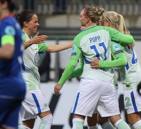 VfL Women vs Prague Womens Football Champions League Quarter-Finals VfL Wolfsburg vs Slavia Prague AOK Stadium Image shows rejoicing after scoring the 1 0 by Pernille Harder VfL 22 Wolfsburg