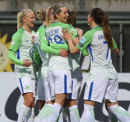 VfL Women vs Prague Womens Football Champions League Quarter-Finals VfL Wolfsburg vs Slavia Prague AOK Stadium Image shows rejoicing after the goal to 2 0 by Caroline Hansen VfL 26 Wolfsburg