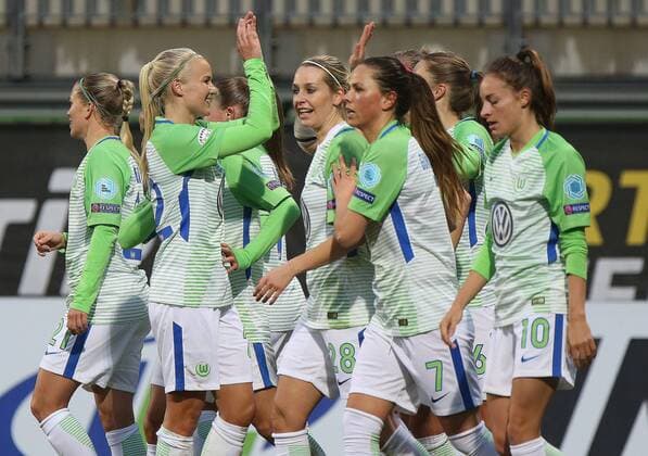 VfL Women vs Prague Womens Football Champions League Quarter-Finals VfL Wolfsburg vs Slavia Prague AOK Stadium Image shows rejoicing after the goal to 2 0 by Caroline Hansen VfL 26 Wolfsburg