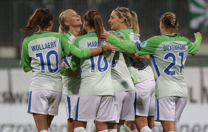 VfL Women vs Prague Womens Football Champions League quarter-finals VfL Wolfsburg vs Slavia Prague AOK stadium picture shows rejoicing after the goal to 4 0 by Sara Bjork Gunnarsdottir VfL 7 Wolfsburg