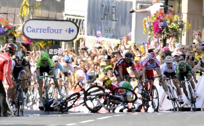 - HARROGATE, UNITED KINGDOM: Fall at the finish of the first stage of the 101st edition of the Tour de France cycling race, 190,5 km from Leeds to Harrogate, United Kingdom on Saturday 05 July 2014. ERICxLALMAND  x60062198x