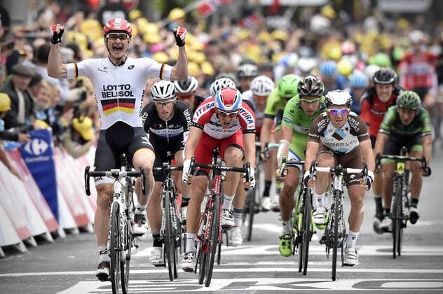 - REIMS, FRANCE: German Andre Greipel of Lotto - Belisol (L) celebrates as he wins before Norvegian Alexander Kristoff of Team Katusha (C) and French Samuel Dumoulin of AG2R La Mondiale (R) stage 6 of the 101st edition of the Tour de France cycling race, 194 km from Arras to Reims, on Thursday 10 July 2014. DAVIDxSTOCKMAN  x60178359x