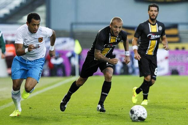 - LOKEREN, BELGIUM: Hull s Liam Rosenior and Lokeren s Jordan Remacle pictured during a soccer game between Belgian first division team Sporting Lokeren and English team Hull City A.F.C., Thursday 21 August 2014 in Lokeren, the first leg in the playoffs for the UEFA Europa League competition. KRISTOFxVANxACCOM  x61298730x