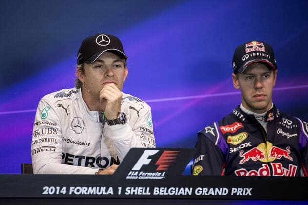 - STAVELOT, BELGIUM: German Nico Rosberg of Mercedes AMG Petronas F1 Team and German Sebastian Vettel of Infiniti Red Bull Racing pictured during a press conference PK Pressekonferenz at the qualifications session at the Grand Prix F1 of Belgium Formula One race, on the Spa-Francorchamps circuit in Stavelot, Saturday 23 August 2014. The Spa-Francorchamps Formula One Grand Prix takes place this weekend. NICOLASxLAMBERT  x61372072x