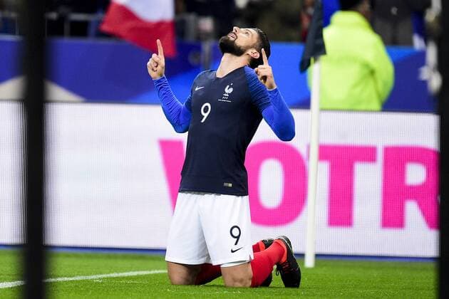 joie des joueurs de l equipe de France apres but de Olivier Giroud (Fra) FOOTBALL : France vs Colombie - Match Amical - St Denis - 23 03 2018 JBAutissier Panoramic 