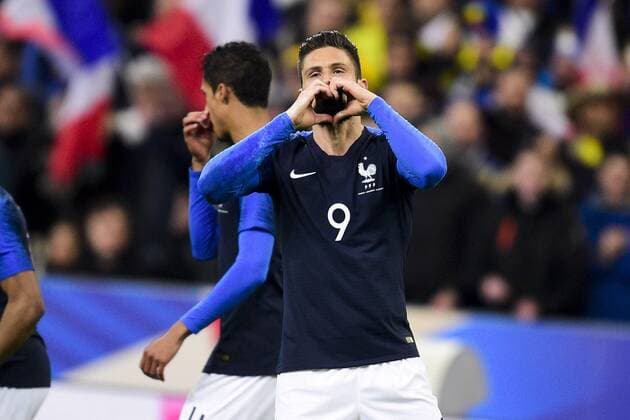 joie des joueurs de l equipe de France apres but de Olivier Giroud (Fra) FOOTBALL : France vs Colombie - Match Amical - St Denis - 23 03 2018 JBAutissier Panoramic 