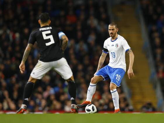 23rd March 2018, Etihad Stadium, Manchester, England; International Football Friendly, Italy versus Argentina; Leandro Paredes of Argentina closes down Leonardi Bonucci of Italy  ActionPlus12004417