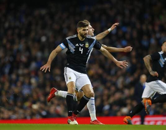 23rd March 2018, Etihad Stadium, Manchester, England; International Football Friendly, Italy versus Argentina; Federico Fazio of Argentina blocks the run of Ciro Immobile of Italy  ActionPlus12004420