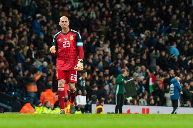 Argentina v Italy International Friendly L?nderspiel Willy Caballero of Argentina celebrates after his sides opening goal during the International Friendly match at the Etihad Stadium, Manchester Content Not Available For UK Newspapers Copyright: xMattxWilkinsonx FIL-11536-0060