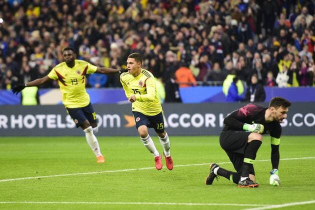 joie de Juan Fernandez Quintero apres son but sur penalty joie des joueurs de la Colombie deception de Hugo Lloris (Fra) FOOTBALL : France vs Colombie - Match Amical - St Denis - 23 03 2018 JBAutissier Panoramic 
