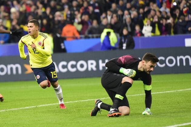 joie de Juan Fernandez Quintero apres son but sur penalty joie des joueurs de la Colombie deception de Hugo Lloris (Fra) FOOTBALL : France vs Colombie - Match Amical - St Denis - 23 03 2018 JBAutissier Panoramic 