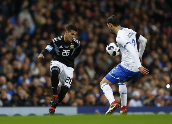 23rd March 2018, Etihad Stadium, Manchester, England; International Football Friendly, Italy versus Argentina; Mattia De Sciglio of Italy blocks the pass of Fabricio Bustos of Argentina  ActionPlus12004525