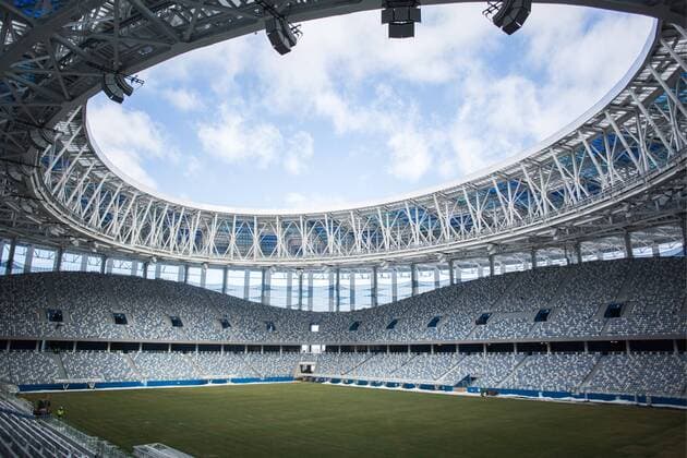 NIZHNY NOVGOROD, RUSSIA - MARCH 24, 2018: Nizhny Novgorod Stadium, a venue of the 2018 FIFA World Cup WM Weltmeisterschaft Fussball in Russia. Mikhail Solunin TASS  TS079286