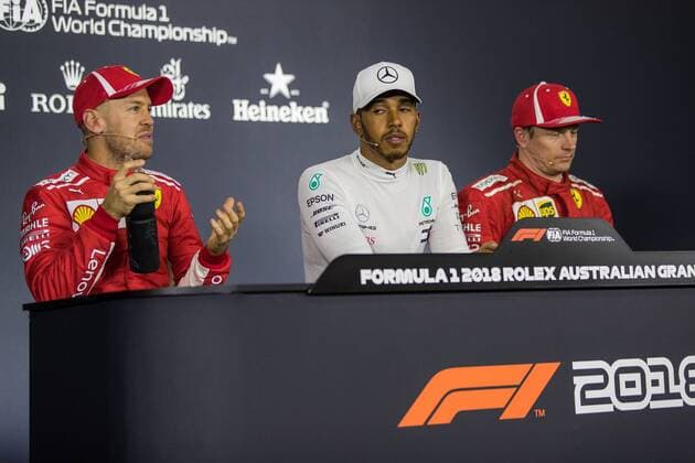 Sebastian Vettel Scuderia Ferrari Lewis Hamilton Mercedes AMG Petronas Formula One Team and Kimi Raikkoenen Scuderia Ferrari Grand Prix of Australia 2018 Race Motorsport Formula 1 24 03 2018 Melbourne Copyright: xIllman Eibner-Pressefotox EP_eer