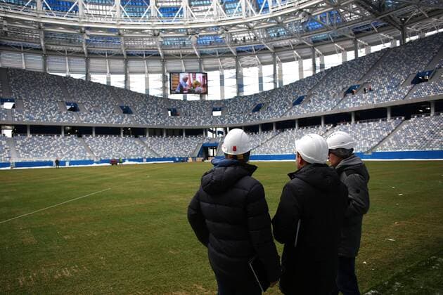 NIZHNY NOVGOROD, RUSSIA - MARCH 24, 2018: Nizhny Novgorod Stadium, a venue of the 2018 FIFA World Cup WM Weltmeisterschaft Fussball in Russia. Mikhail Solunin TASS  TS0792A2